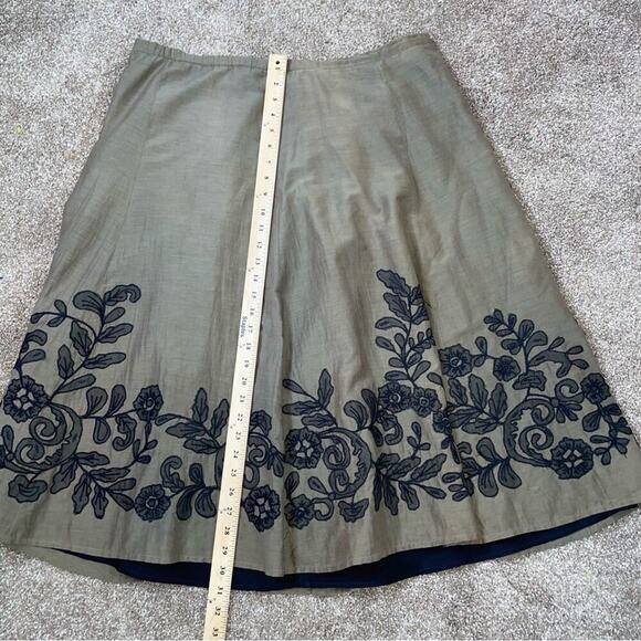 Chico's midi skirt linen silk cotton blend brown embroidered pleated lined SZ 3 - Picture 4 of 11